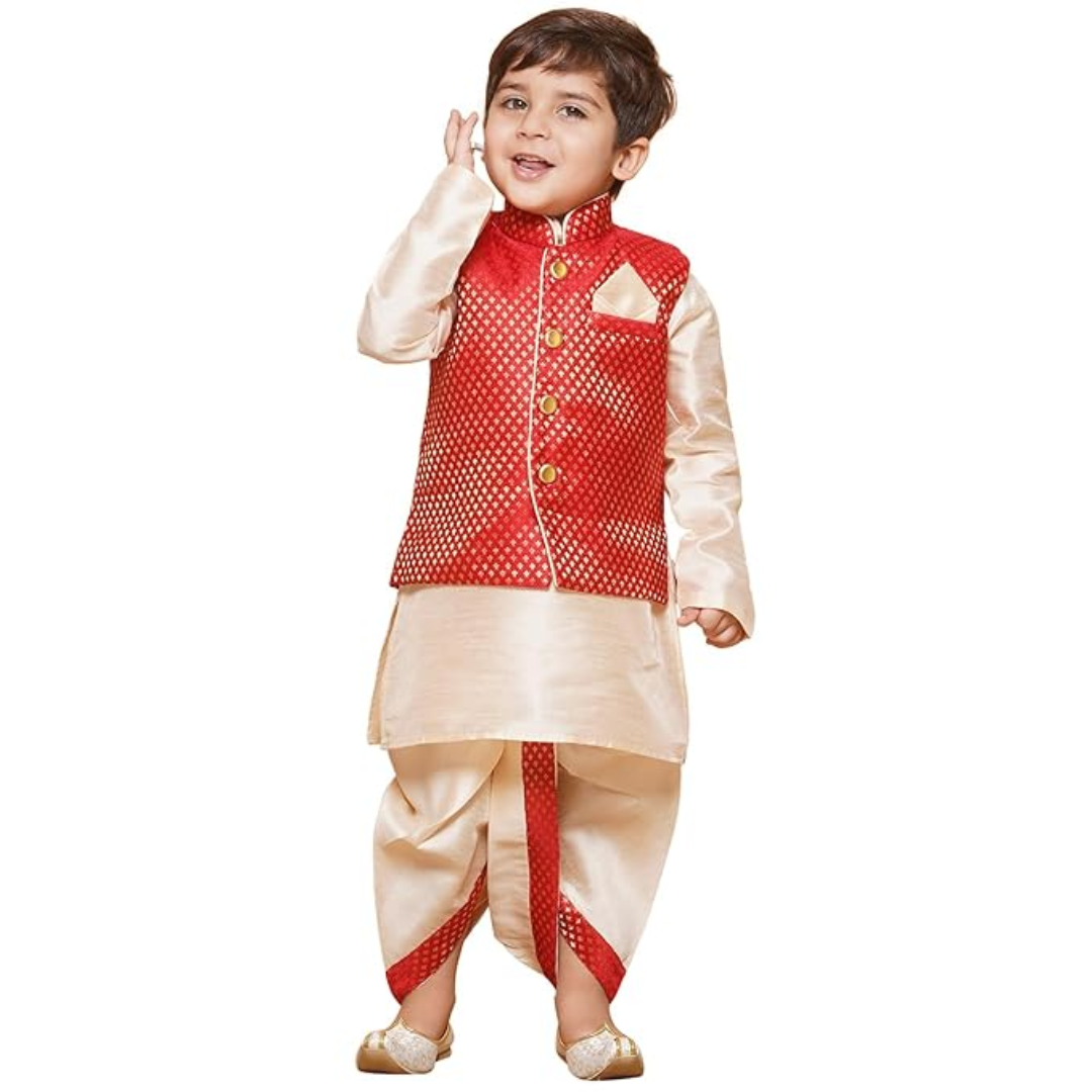 AJ DEZINES Kids Dhoti Kurta Set for Boys, ( Dhoti, Kurta, Blend waistcoat), Size: 2-3 Years, Colour: Red