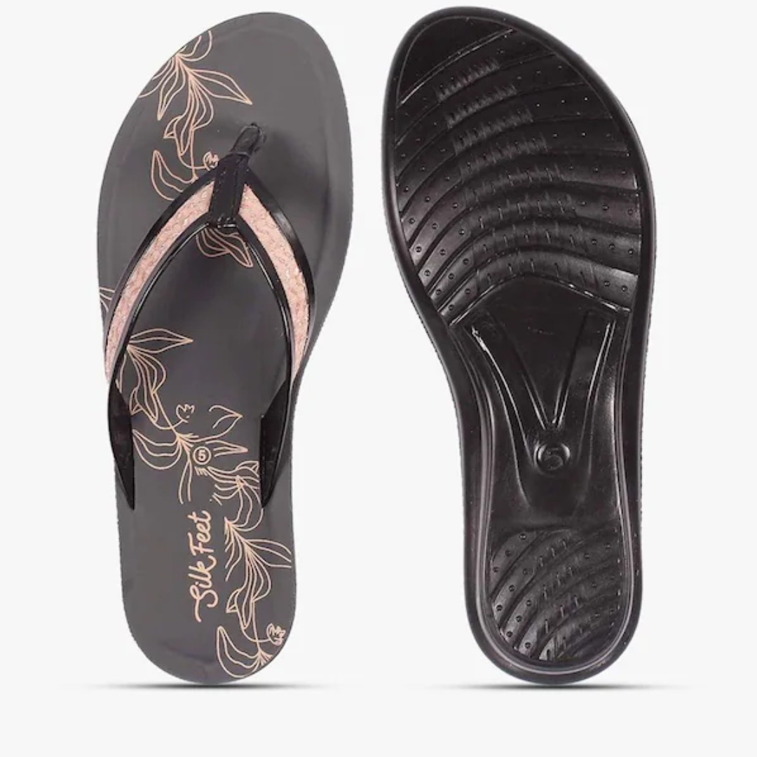 Simple Floral Print Thong-Strap Sandals For Womens & Girls, Colour: Black, Size: 4 UK