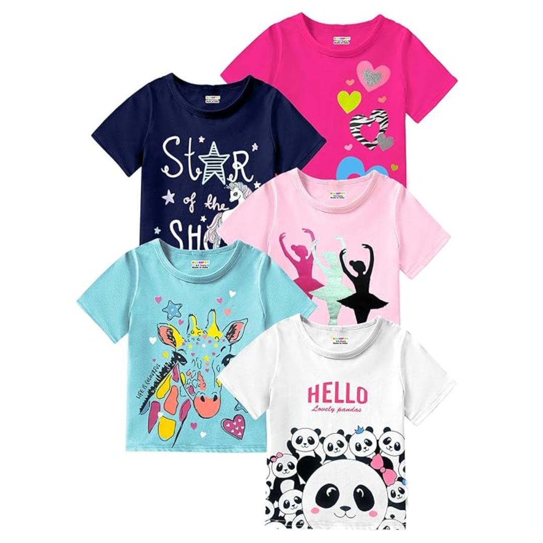 Girls Half Sleeves Regular Fit Cotton T-Shirt, (5 T-Shirts), Colour: Multicolour, Size: 2-3 Years