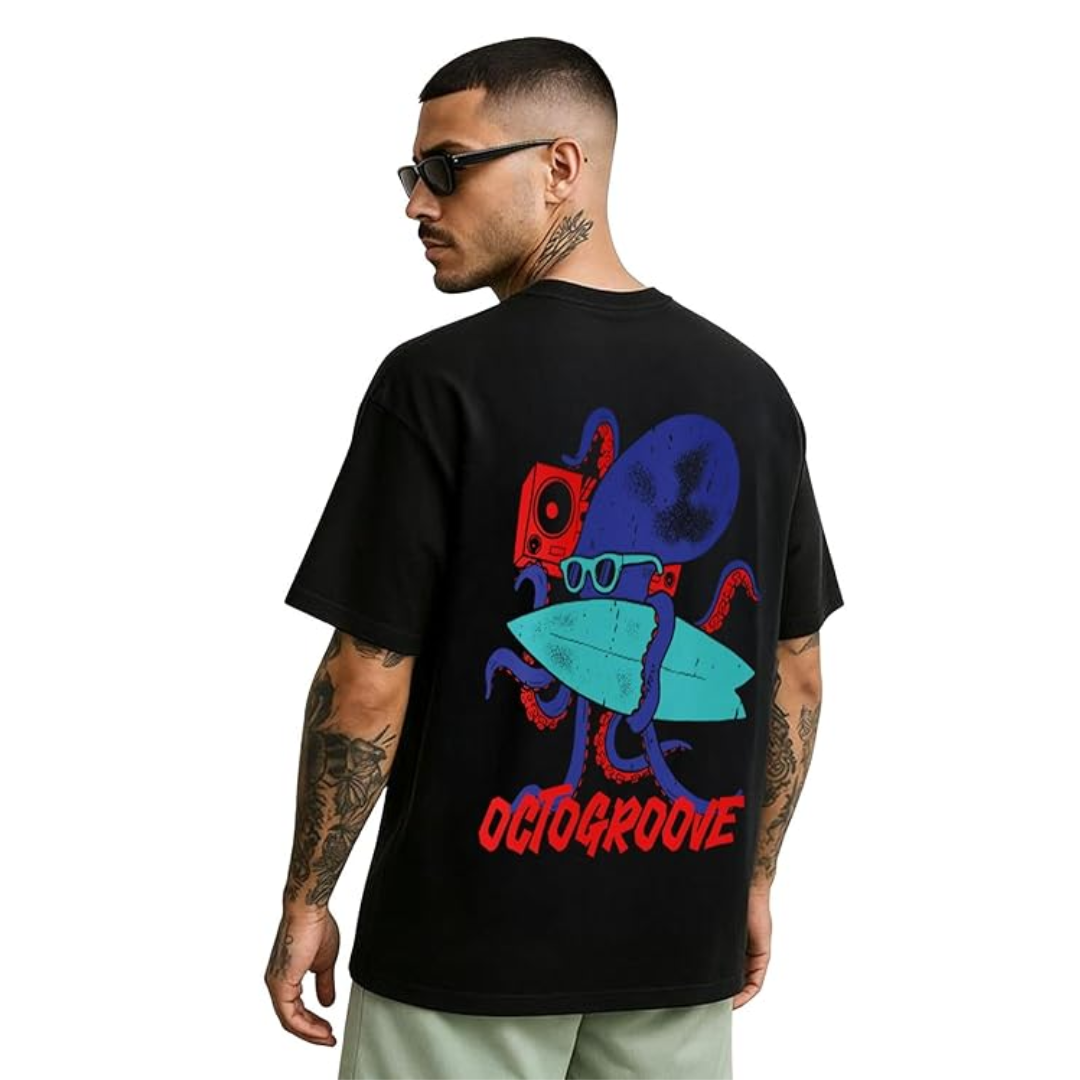 Graphic Printed Round Neck Half Sleeves T-Shirt for Men, Colour: Black_OCT, Size- L