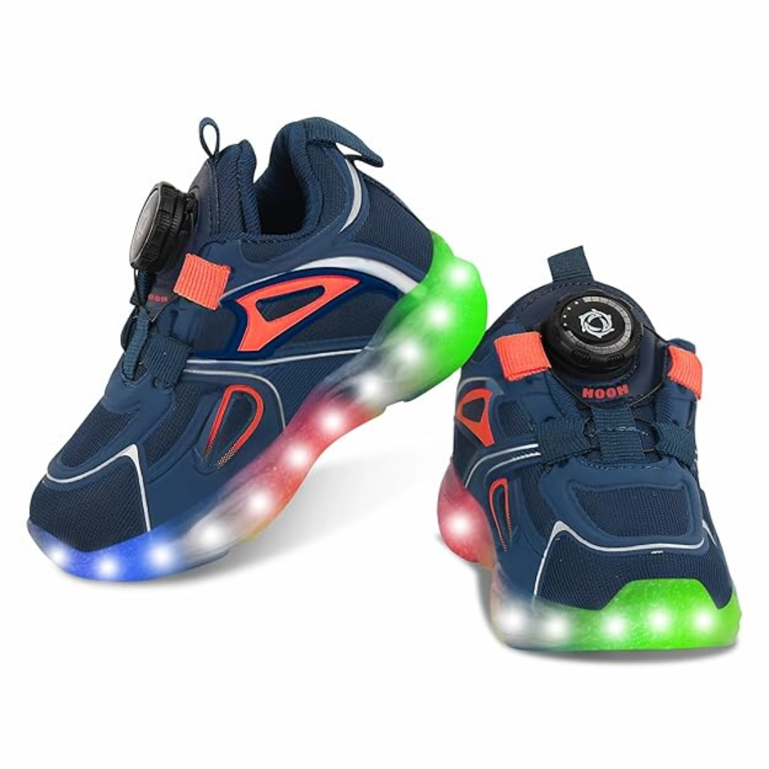 HOOH Kids Unisex Light Up Sneakers with Button Closure with Drawstring and Light Shoes for Boys and Girls,  Colour: BLUE RED,  Size: 4.5-5 Years