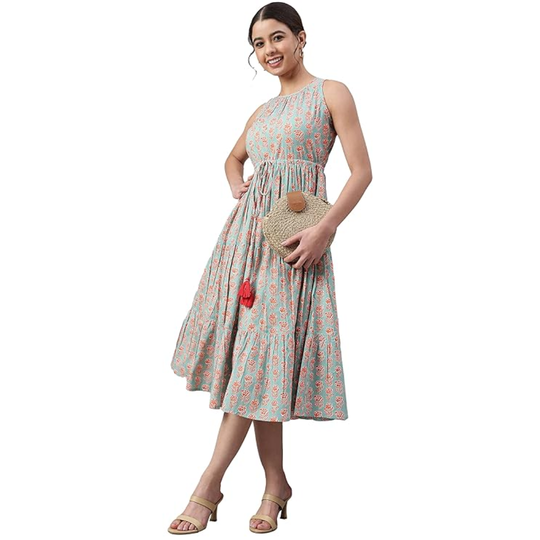 Women's Cotton Fit and Flare Midi Gown, Colour: Mint Green  Size: M
