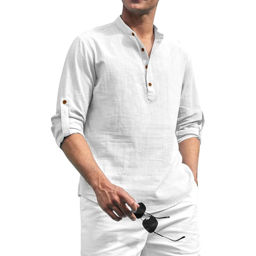 Cotton Blend Solid Casual Regular Fit Mandarin/Chinese Collor Short Kurta for Men, Colour: White, Size: L