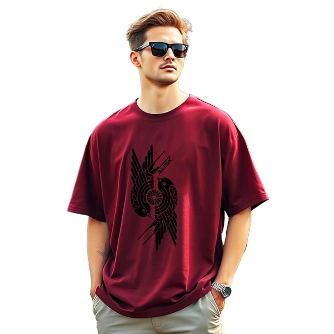 AUSK Mens Loose Fit Oversized Printed Cotton T-Shirts, Colour: Maroon, Size: L