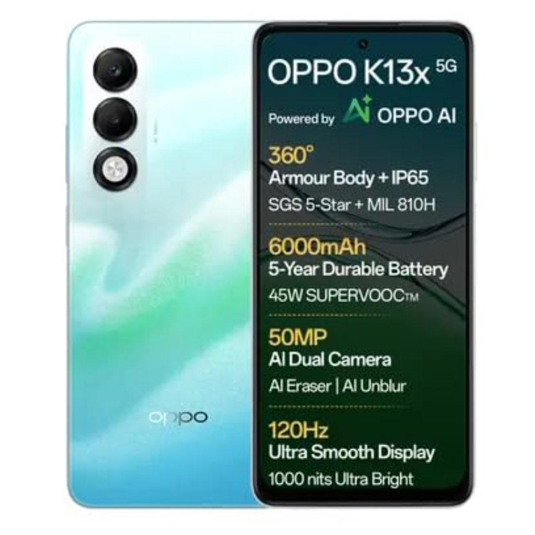 OPPO K13x 5G 6000mAh and 45W SUPERVOOC Charger & AI, Breeze Blue, (128 GB Storage 6 GB RAM)