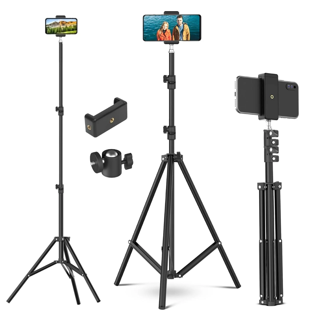 Tygot Lightweight & Portable 7 Feet (84 Inch) Long Black Tripod Stand with Adjustable Mobile Clip Holder for All Mobiles & Cameras, 1 piece