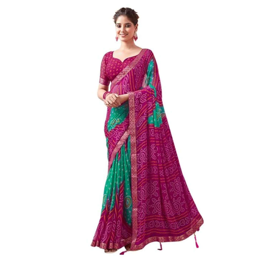 SIRIL Women's Bandhani Printed Chiffon Saree with Blouse piece