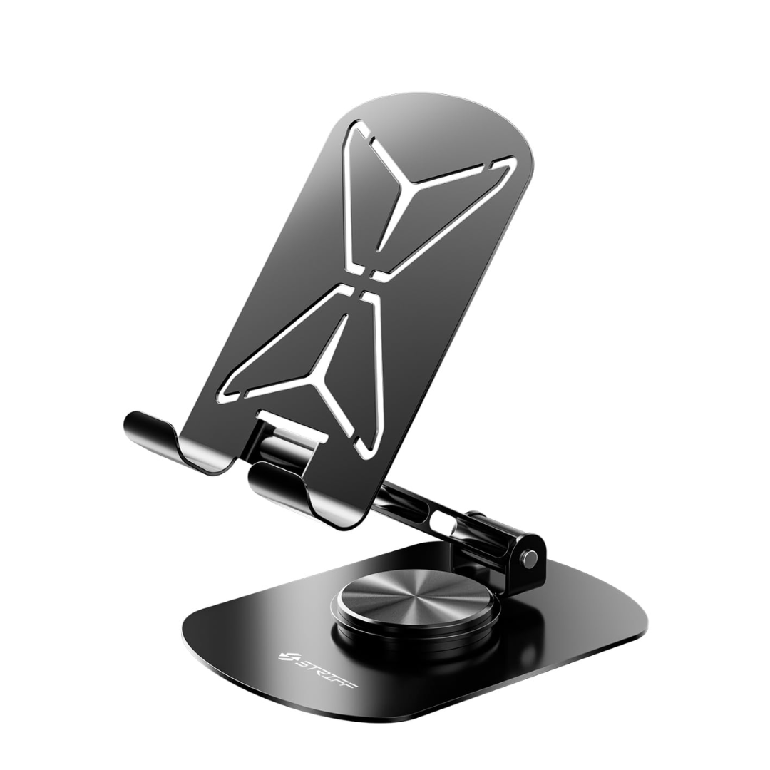 STRIFF mobSpin 360° Rotating Metal Phone Stand, Foldable Mobile Holder for Smartphones, Tablets, Kindles & iPads – Black