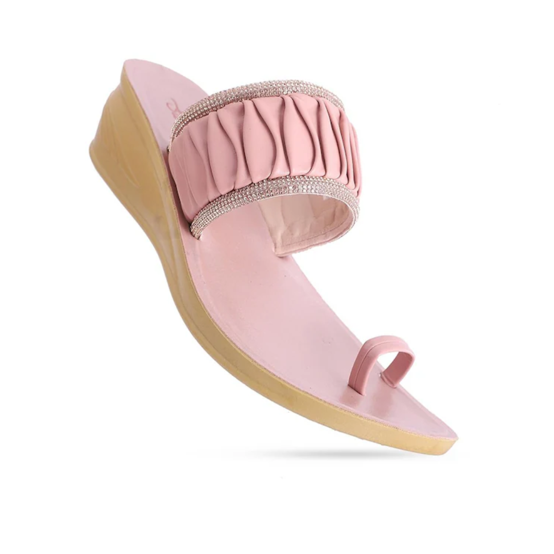Women Embellished Strap Toe-Ring Wedges Heavy Heeled  Sandal, (Ladies Juta) Colour- Peach, Size: 7 UK