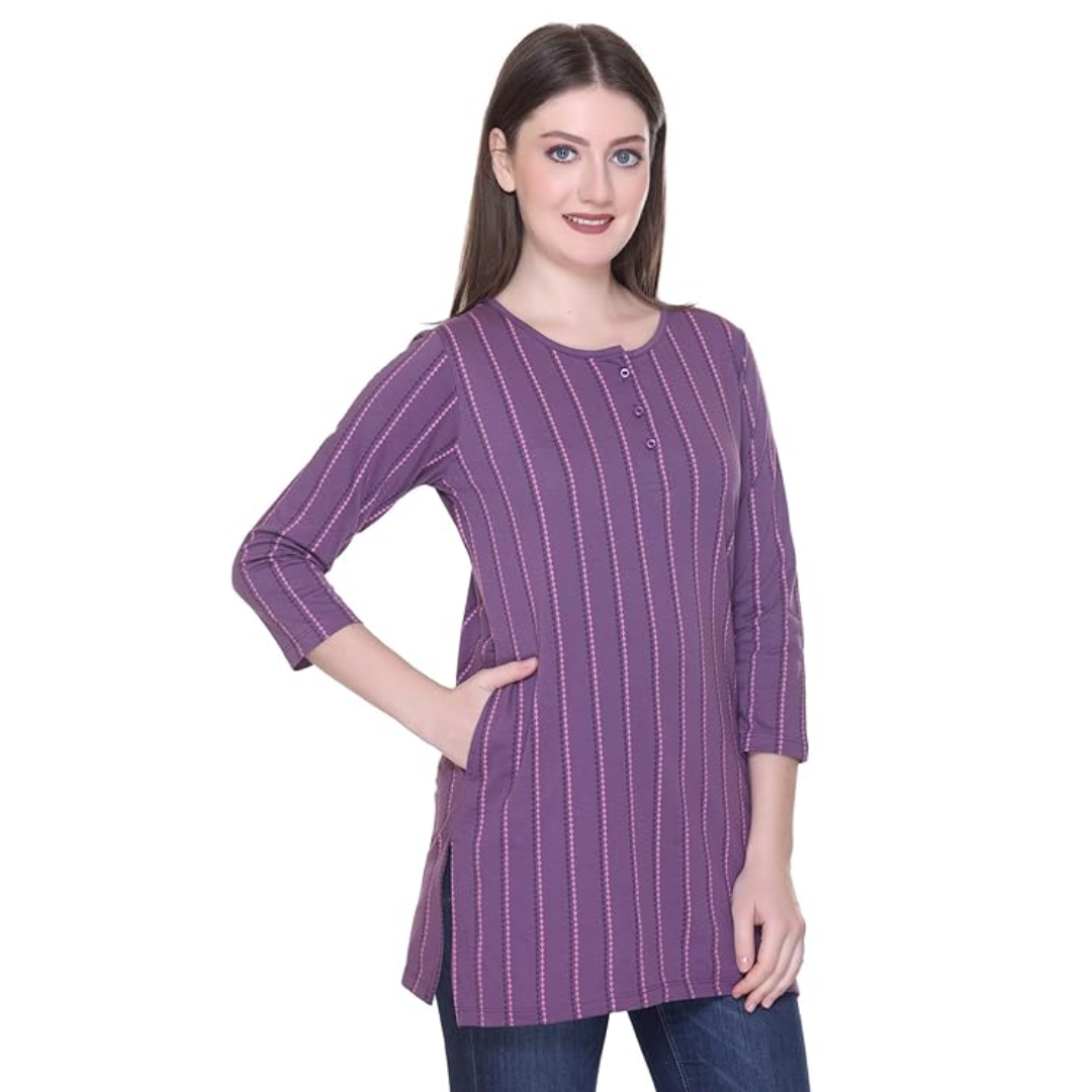Women Regular Fit Henley All Over Print T-Shirt Kurta   Size: L