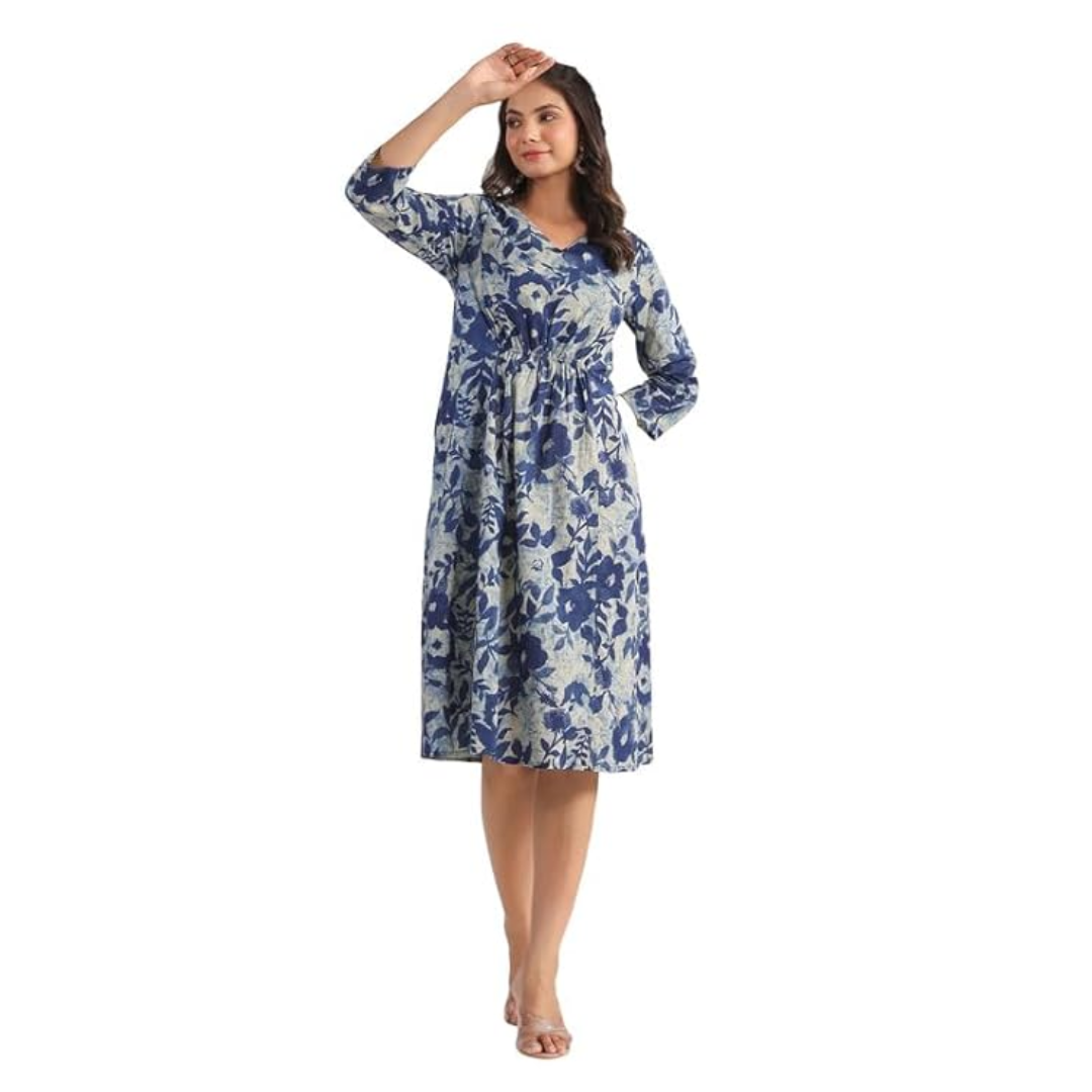 Women's Cotton Fit and Flare Midi Dress, Colour: Indigo,  Size: M