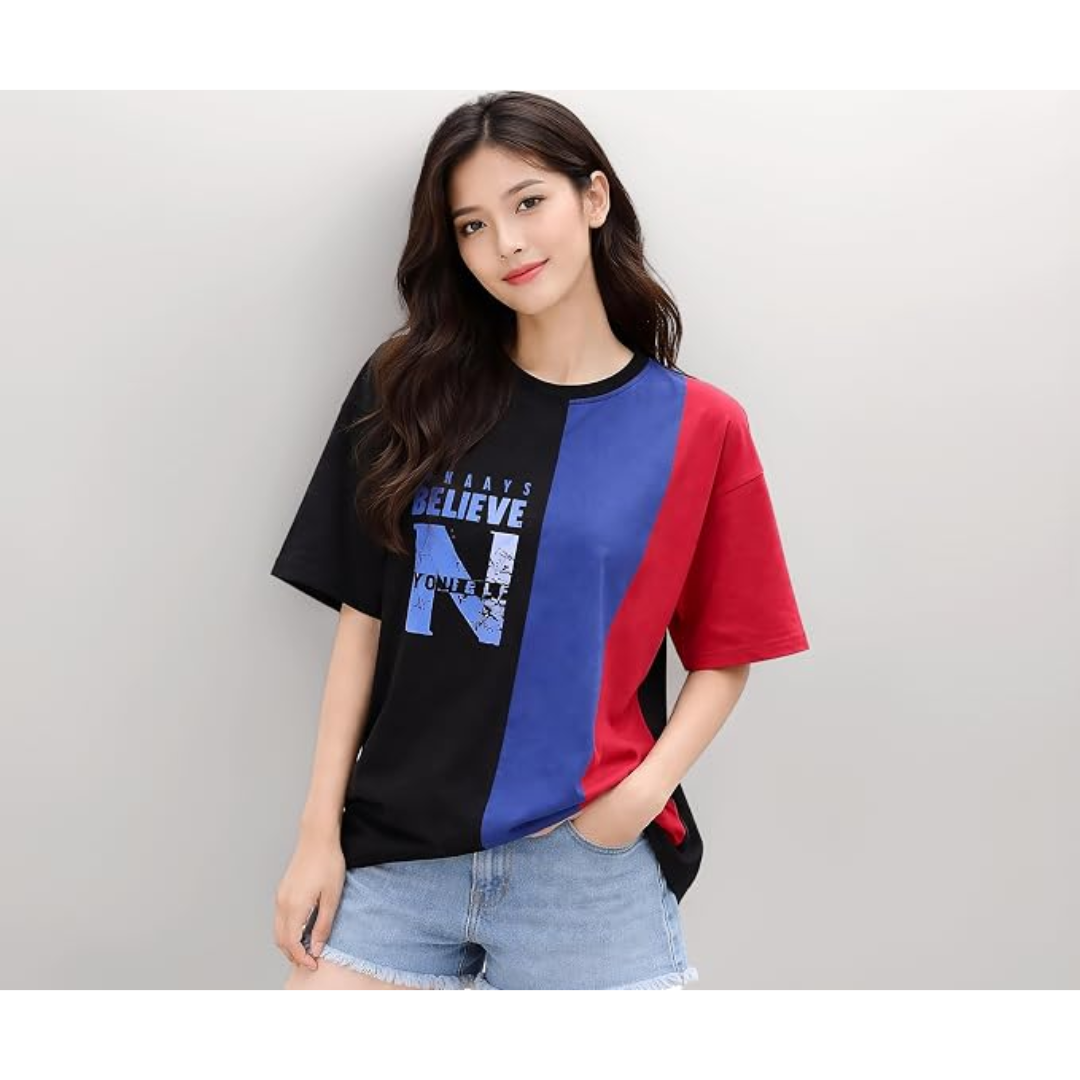 London Hills Women's Drop Shoulder T-Shirt | Graphic Print Colorblock Half Sleeve Cotton T-Shirt