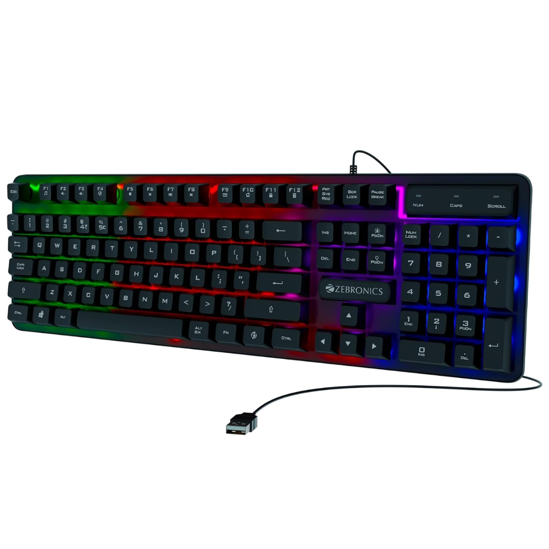 ZEBRONICS Transformer K1 Premium Gaming Keyboard with 104 Keys, 1.7m Cable, Laser Keycaps, Multi Color LED Modes,