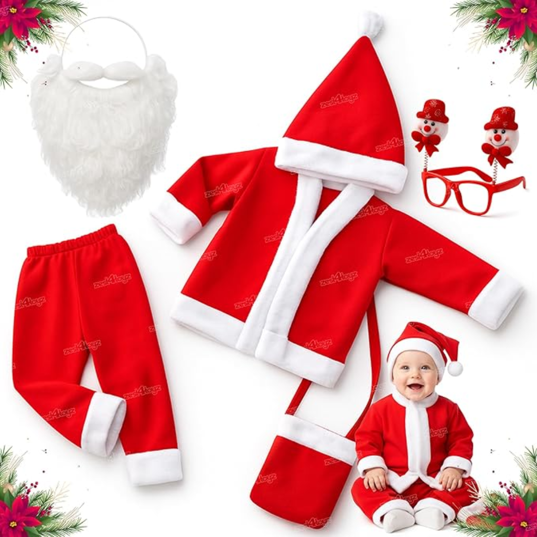 Zest 4 Toyz Santa Claus Dress for Kids, Christmas Dress With Jacket, Pant, Cap, Goggles, Boys and Girls - Colour Red, (Size-0, 6 Months Old Baby)