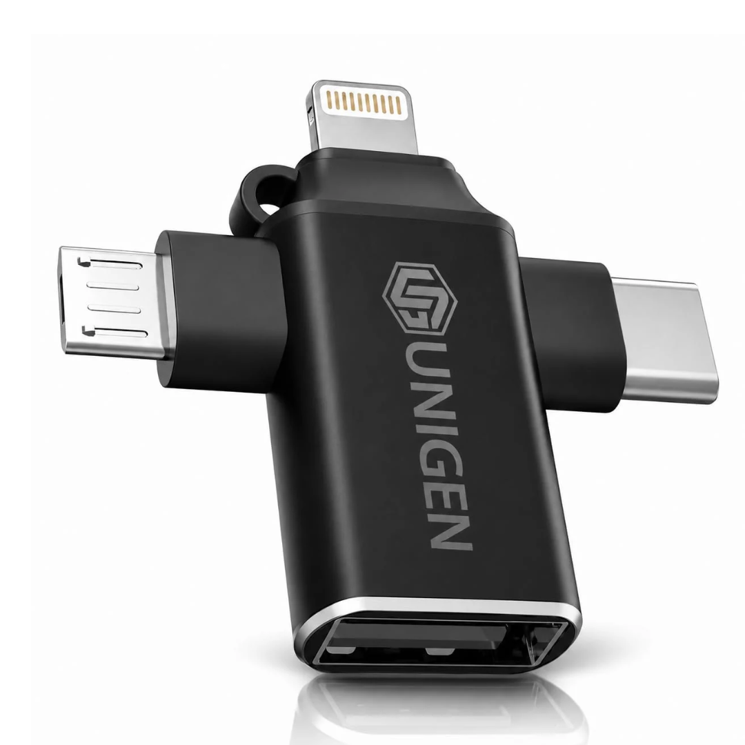 UNIGEN 4-in-1 OTG Adapter Converter Multi-Port Hub with Lightening, Type-C, Micro USB & USB 2.0, (Black)