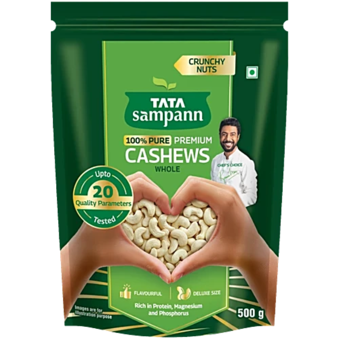 Tata Sampann 100% Pure Premium Cashews Whole,( Kaju) 500 g Pouch