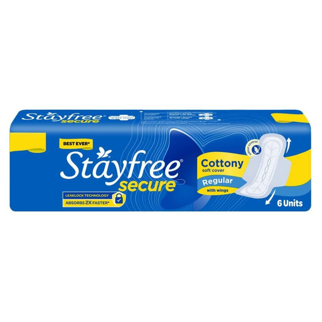Stayfree Secure Cottony Regular with Wings, (Sanitary Pad), 6pcs (Pack of 1)