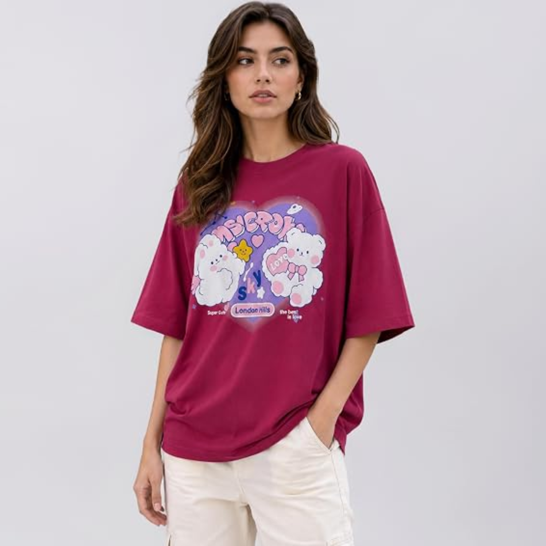 London Hills Oversized T Shirt for Women | Cotton Blend Printed T-Shirt for Woman, size- M