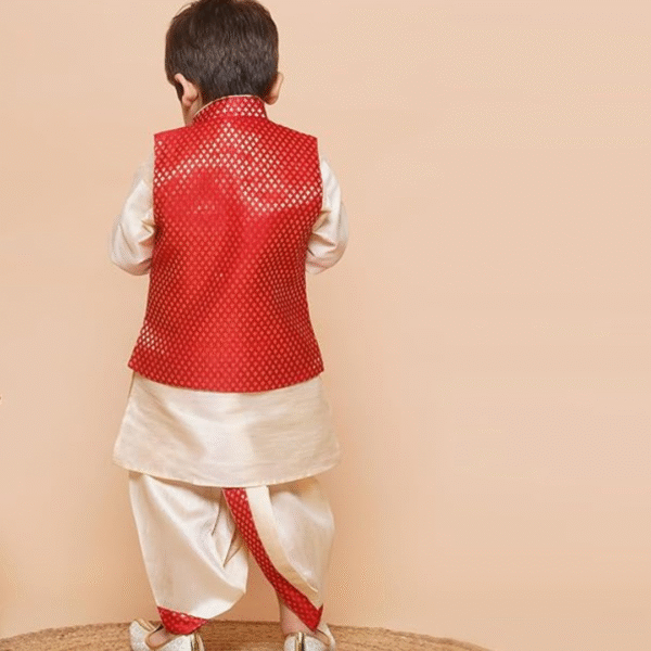 AJ DEZINES Kids Dhoti Kurta Set for Boys, ( Dhoti, Kurta, Blend waistcoat), Size: 2-3 Years, Colour: Red