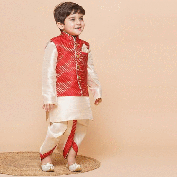 AJ DEZINES Kids Dhoti Kurta Set for Boys, ( Dhoti, Kurta, Blend waistcoat), Size: 2-3 Years, Colour: Red
