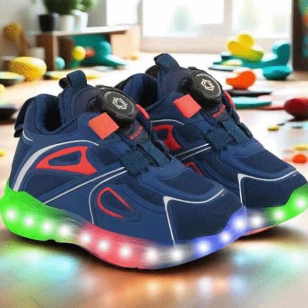 HOOH Kids Unisex Light Up Sneakers with Button Closure with Drawstring and Light Shoes for Boys and Girls,  Colour: BLUE RED,  Size: 4.5-5 Years