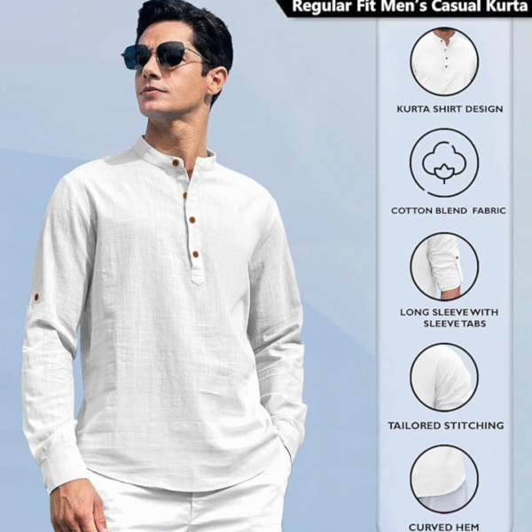 Cotton Blend Solid Casual Regular Fit Mandarin/Chinese Collor Short Kurta for Men, Colour: White, Size: L