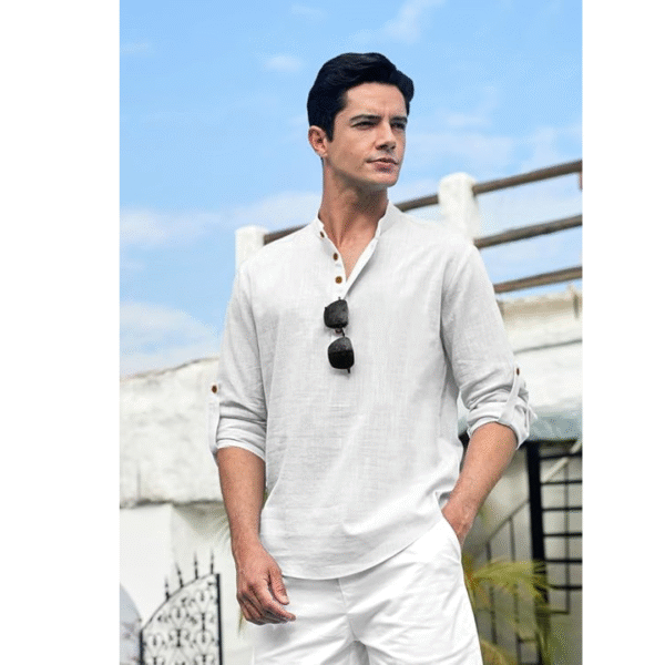Cotton Blend Solid Casual Regular Fit Mandarin/Chinese Collor Short Kurta for Men, Colour: White, Size: L