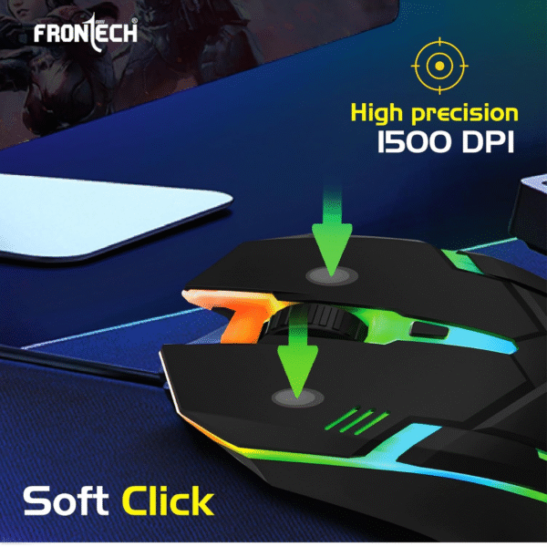4FRONTECH Wired USB Gaming Mouse 2 FRONTECH Wired USB Gaming Mouse, RGB Light| 1500 DPI | Scroll Wheel USB Plug & Play (MS-0067, Black)