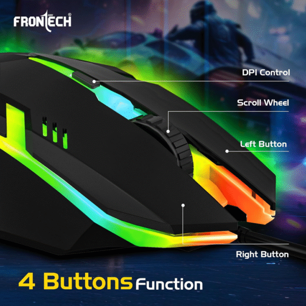 FRONTECH Wired USB Gaming Mouse 2 FRONTECH Wired USB Gaming Mouse, RGB Light| 1500 DPI | Scroll Wheel USB Plug & Play (MS-0067, Black)