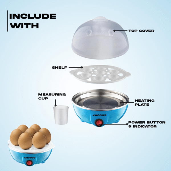 KROCOS Electric Egg Boiler & Poacher | Fast Steaming & Boiling, Cooks Up to 7 Eggs, Automatic Shut-Off, Colour Blue