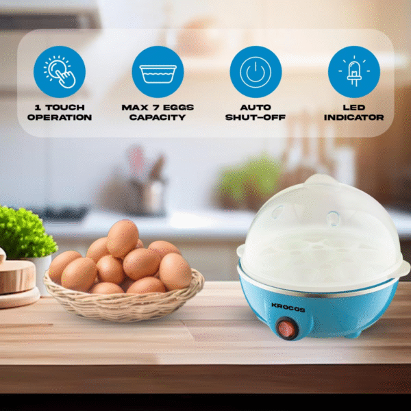 KROCOS Electric Egg Boiler & Poacher | Fast Steaming & Boiling, Cooks Up to 7 Eggs, Automatic Shut-Off, Colour Blue