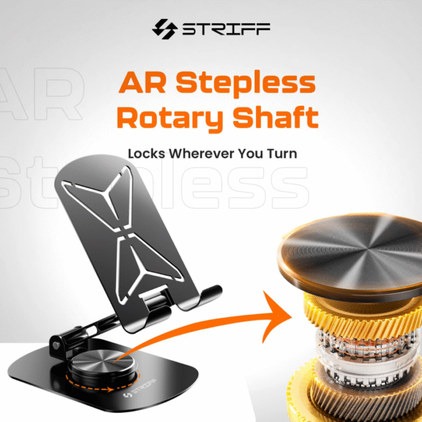 STRIFF mobSpin 360° Rotating Metal Phone Stand, Foldable Mobile Holder for Smartphones, Tablets, Kindles & iPads – Black