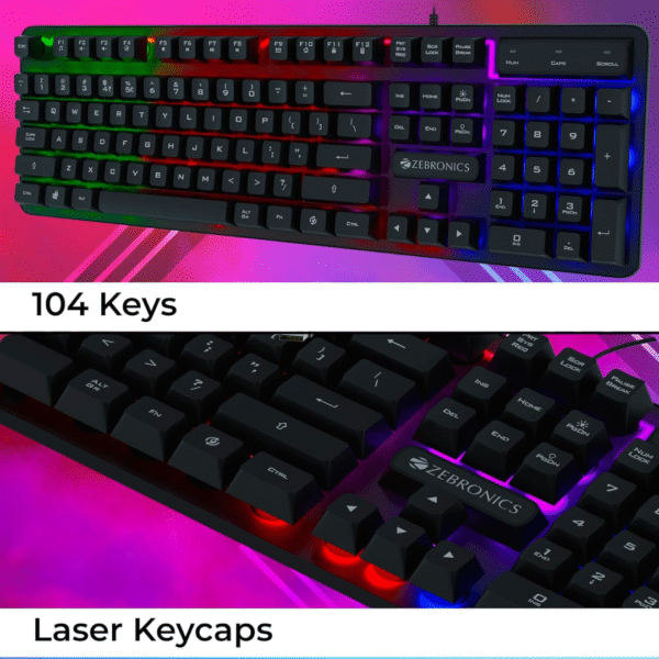 ZEBRONICS Transformer K1 Premium Gaming Keyboard with 104 Keys, 1.7m Cable, Laser Keycaps, Multi Color LED Modes,